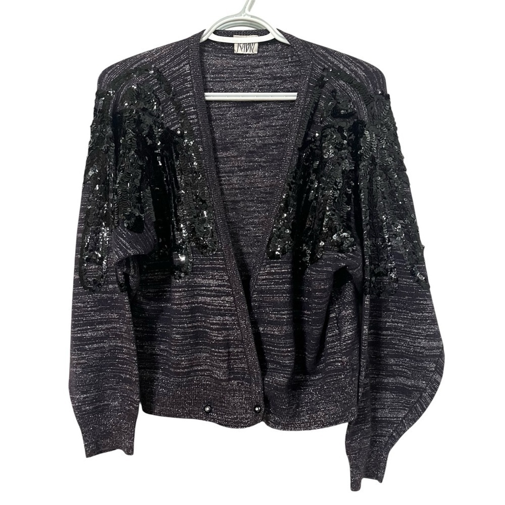 Vintage KABRI Sequins Purple Silver Cardigan Wool Sweater fits like Size L